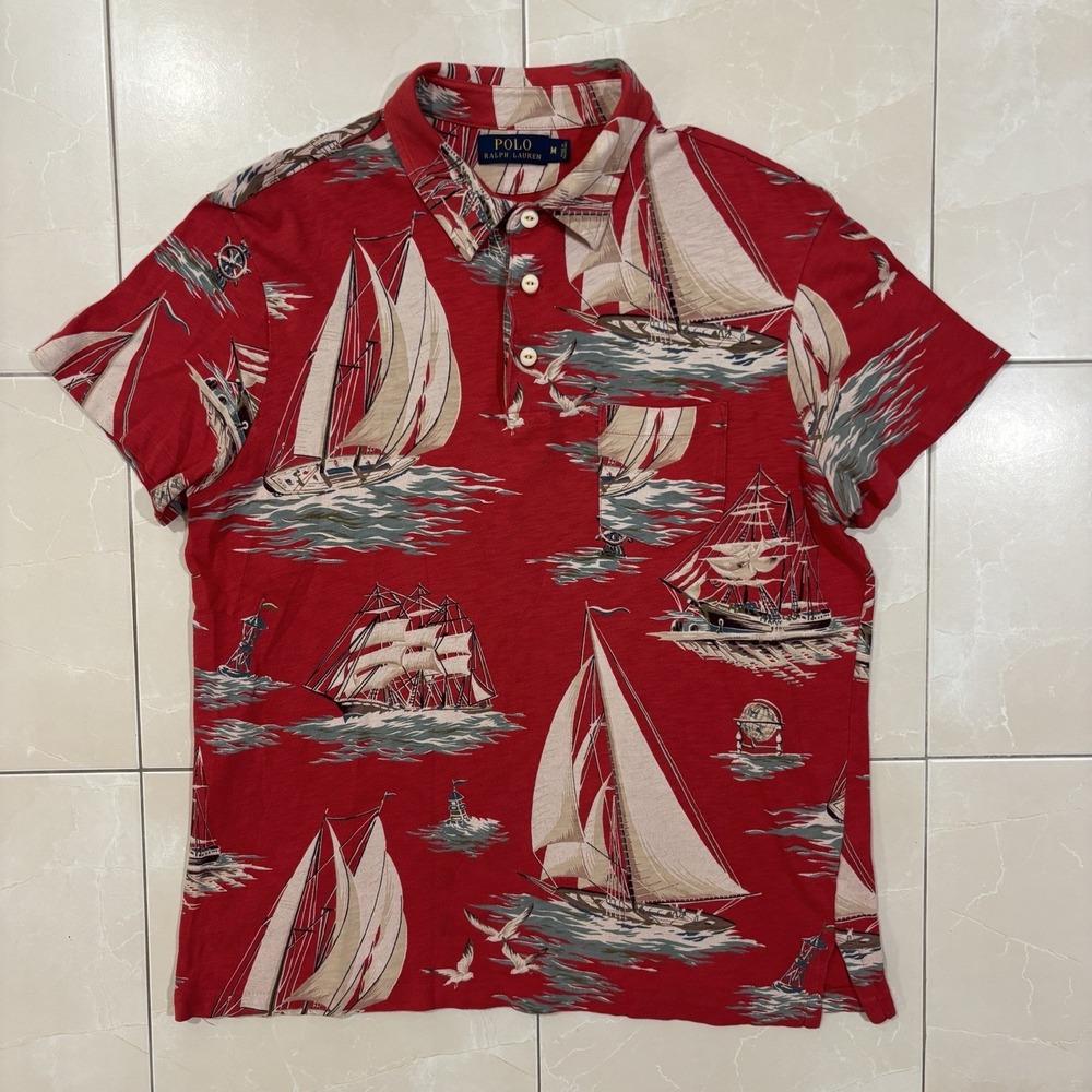 Vintage Polo Ralph Lauren Sailing Polo Shirt AOP Pocket Mens M Red RARE Y2K